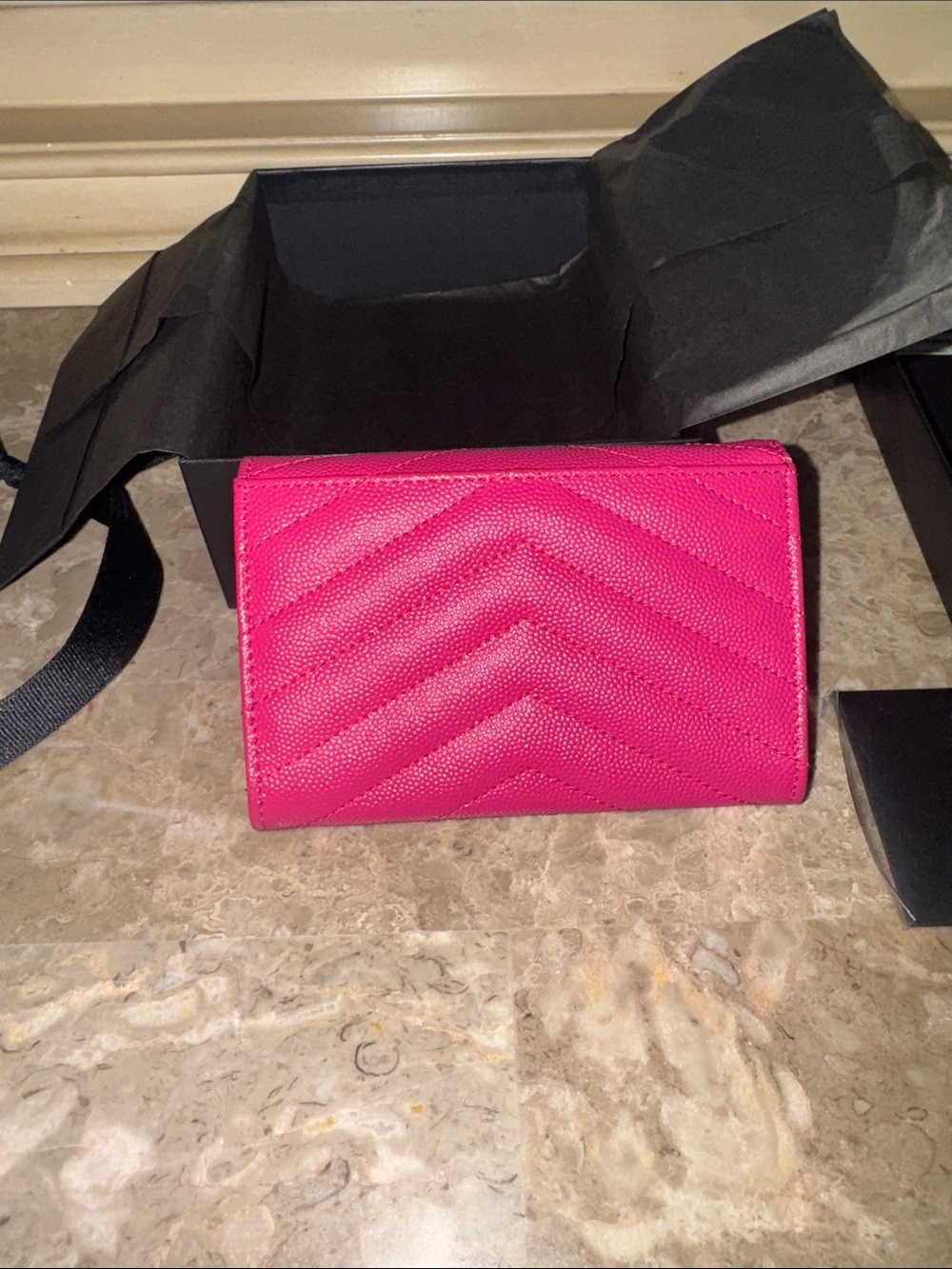 Saint Laurent Fuchsia Chevron Quilted Wallet with Gold YSL Emblem - Picture 8 of 10